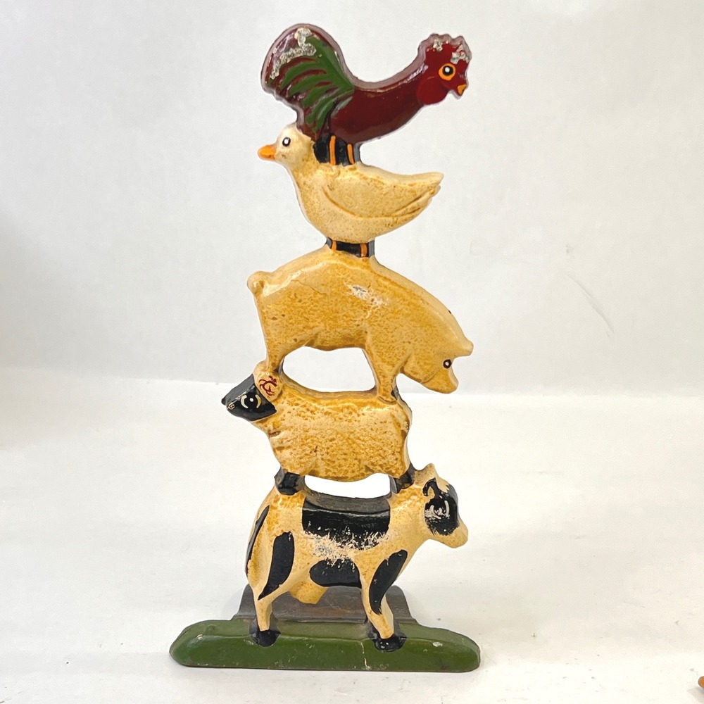 Vintage Style Cast Iron Stacked Farm Animals Bookend Rooster Pig Sheep Cow 12in